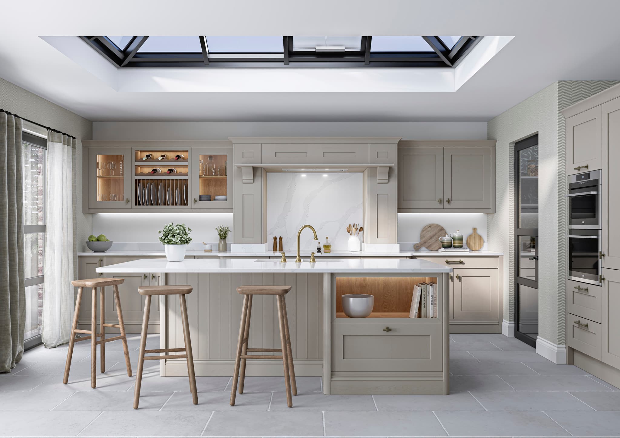 Newly fitted shaker-style kitchen with marble splashback and island — Kitchen Reno door replacement
